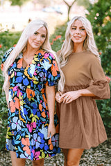 Blue Collared Split Neck Floral Flared Dress Floral Dresses JT's Designer Fashion