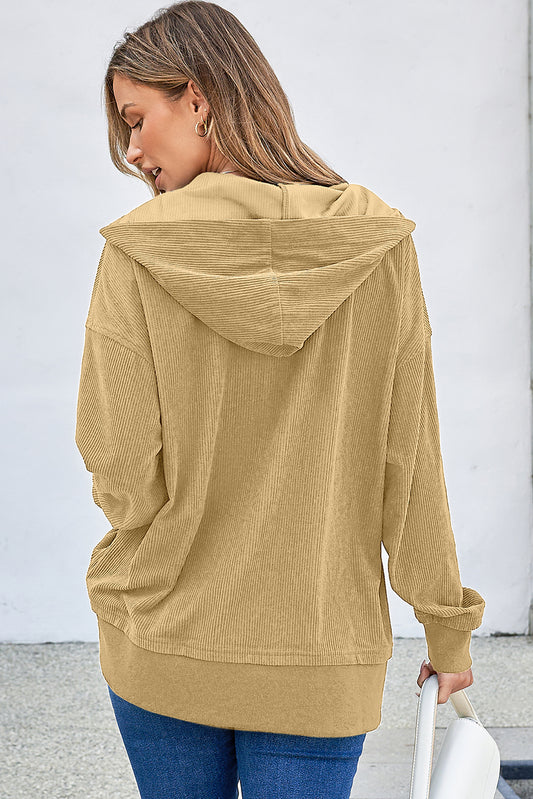 Simply Taupe Solid Ribbed Knit Buttoned Drop Shoulder Oversized Hoodie Sweatshirts & Hoodies JT's Designer Fashion