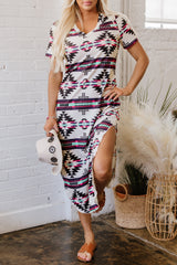 Beige Western Aztec Printed Long T-shirt Dress T Shirt Dresses JT's Designer Fashion