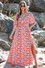 Red Floral Half Sleeve Deep V Neck Cutout Back Split Maxi Dress Floral Dresses JT's Designer Fashion