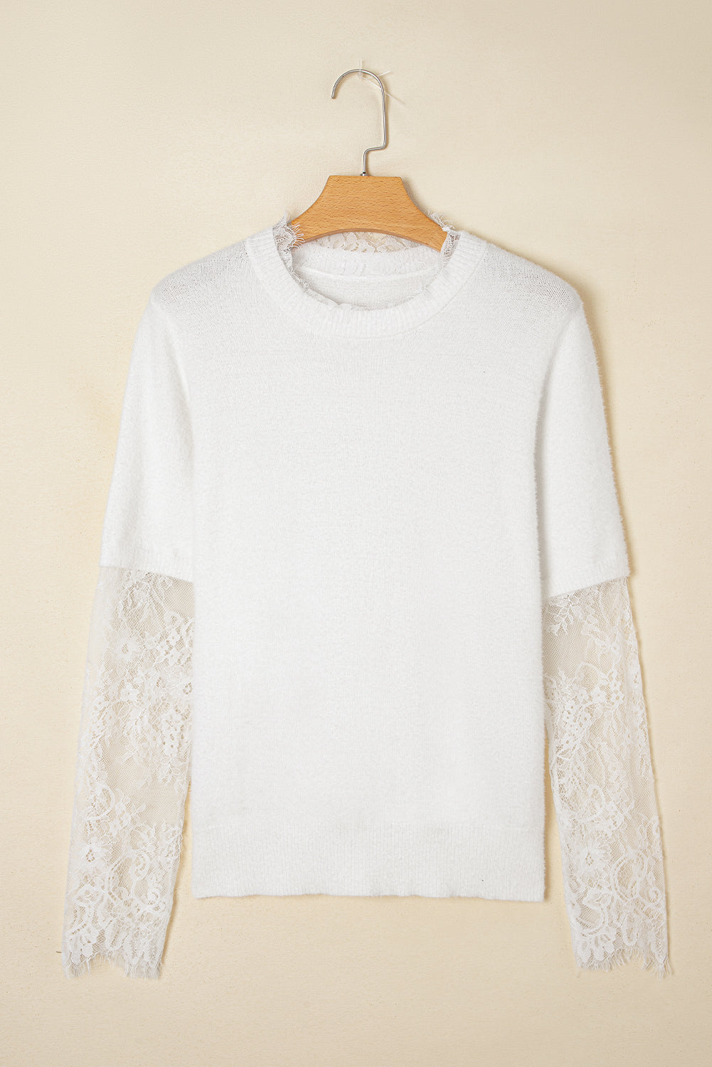 Beige Lace Sleeve Patchwork Faux Two-piece Fuzzy Sweater Sweaters JT's Designer Fashion