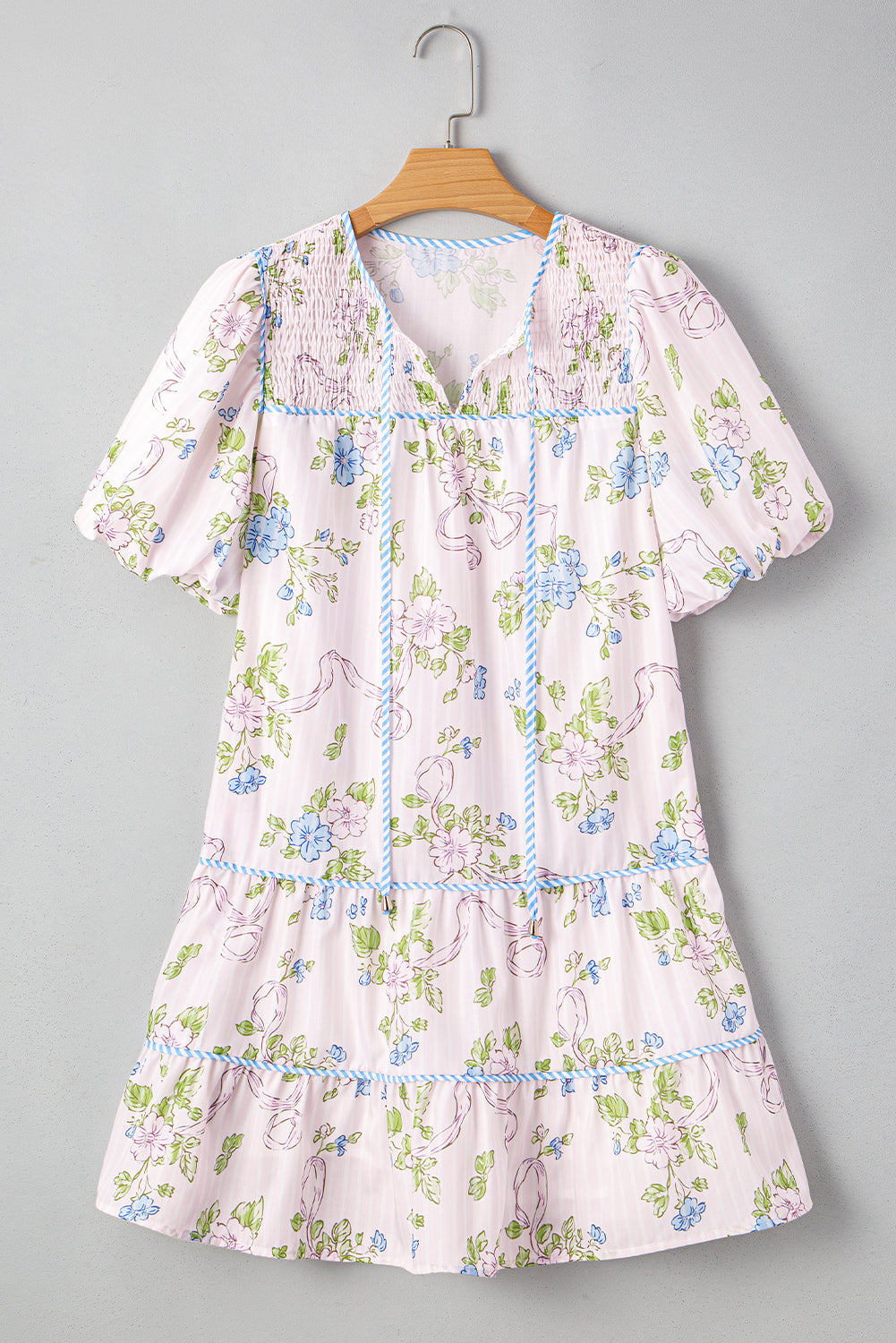 Pink Floral Striped Print Contrast Trim Tie Split Neck Mini Dress Dresses JT's Designer Fashion
