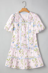 Pink Floral Striped Print Contrast Trim Tie Split Neck Mini Dress Dresses JT's Designer Fashion