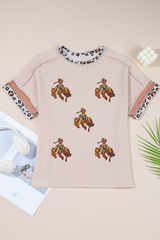 Jet Stream Sequin Rodeo Patch Twisted Rib Colorblock Leopard Trim T Shirt Graphic Tees JT's Designer Fashion