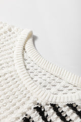 White Stripe Contrast Striped Crochet Puff Sleeve Sweater Sweaters JT's Designer Fashion