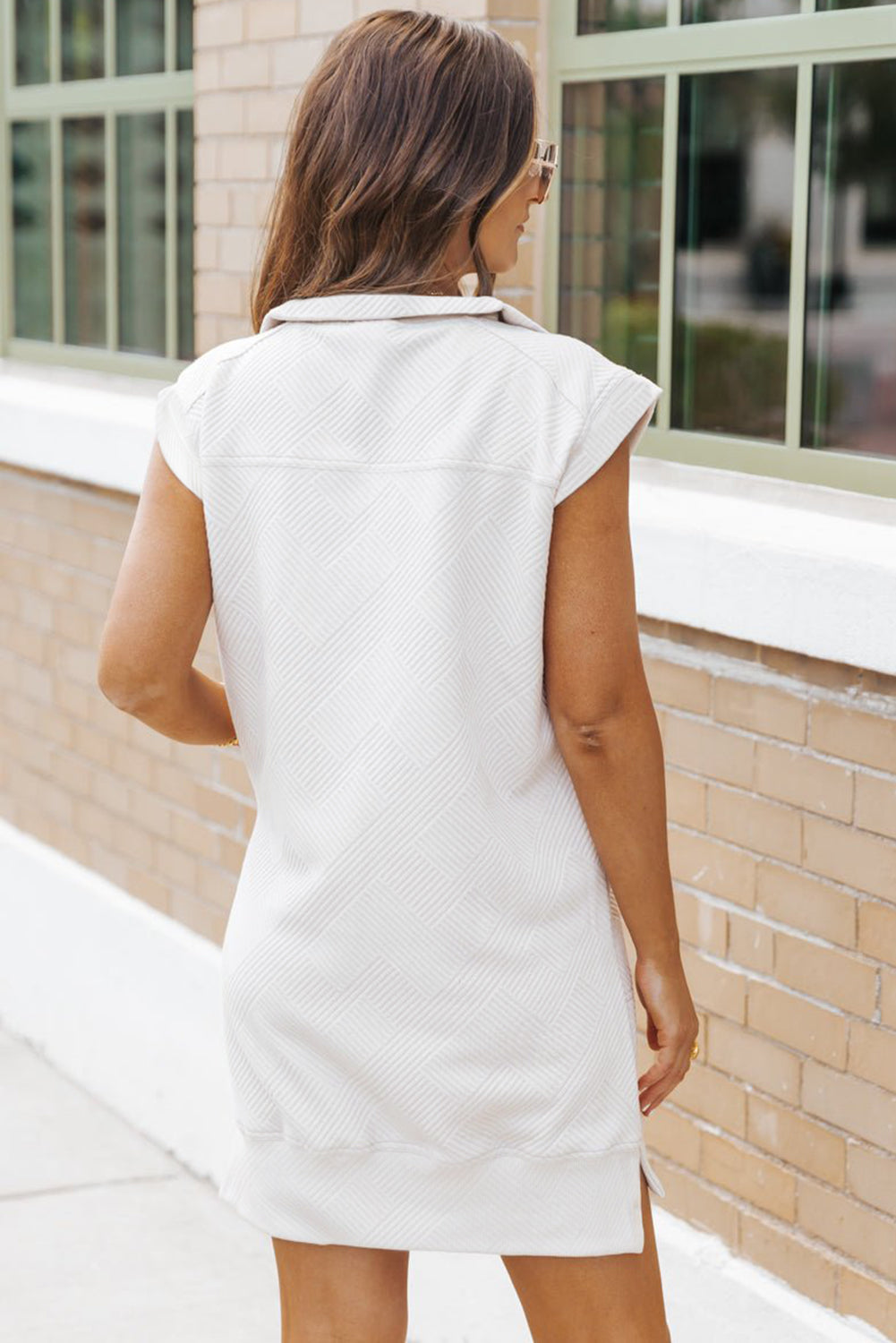 White Textured Half Zip Collared Cap Sleeve Mini Dress Mini Dresses JT's Designer Fashion