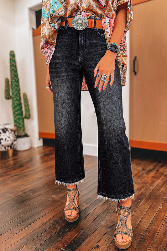 Carbon Grey Mineral Wash Raw Hem High Waist Flared Jeans Carbon Grey 71%Cotton+27.5%Polyester+1.5%Elastane Jeans JT's Designer Fashion