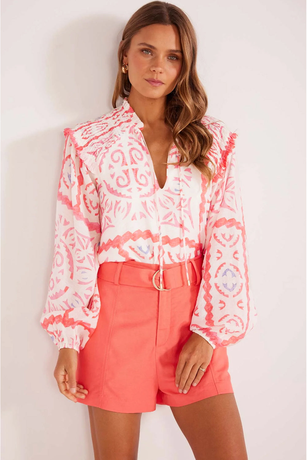 Desert Flower Vintage Print Smocked Poet Collar Billowy Blouson Sleeves Blouse Blouses & Shirts JT's Designer Fashion