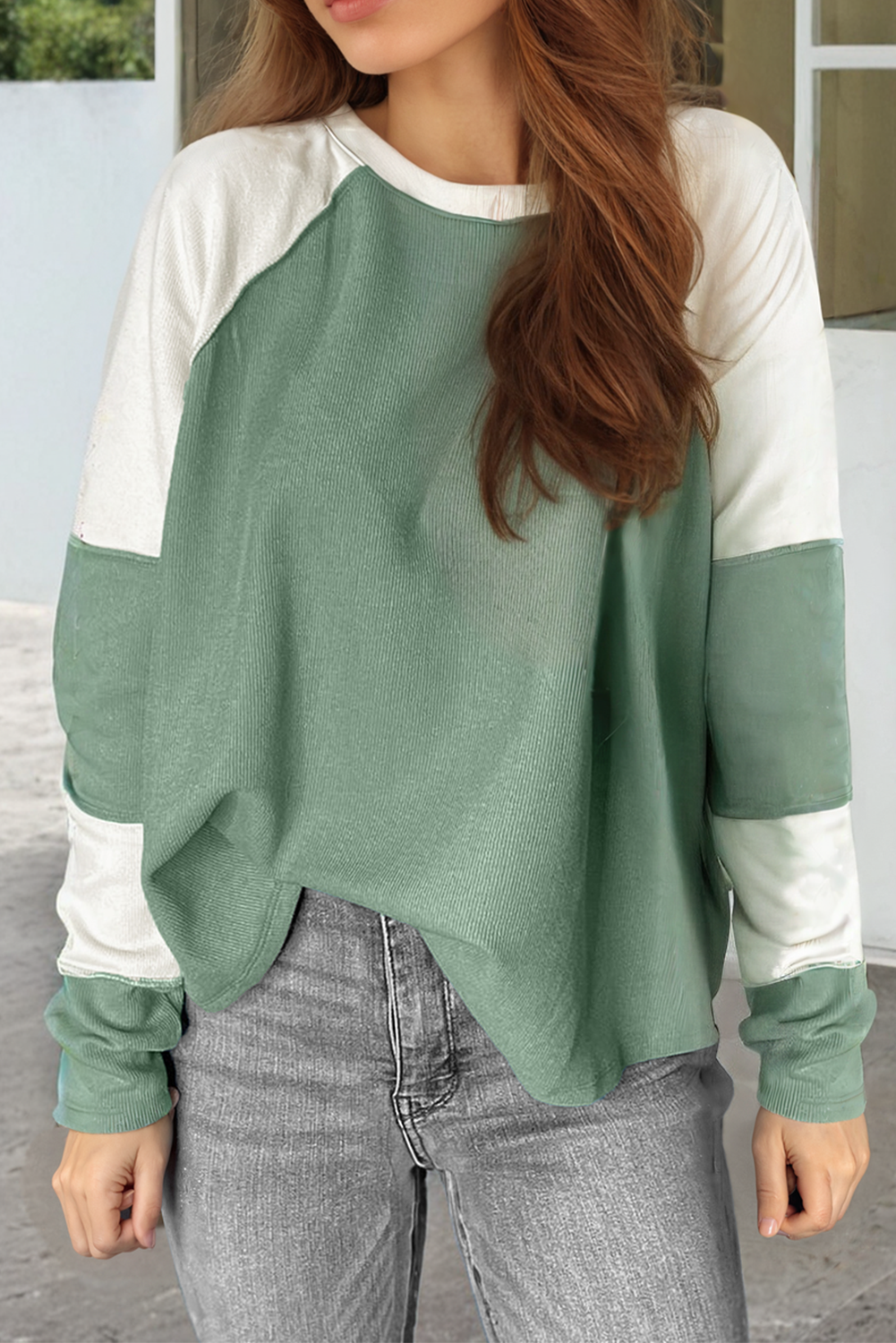 Mint Green Ribbed Colorblock Patchwork Raglan Long Sleeve Top Long Sleeve Tops JT's Designer Fashion