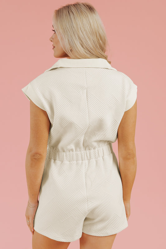 Jet Stream Textured Zipped Front V Neck Collared Casual Romper Jumpsuits & Rompers JT's Designer Fashion