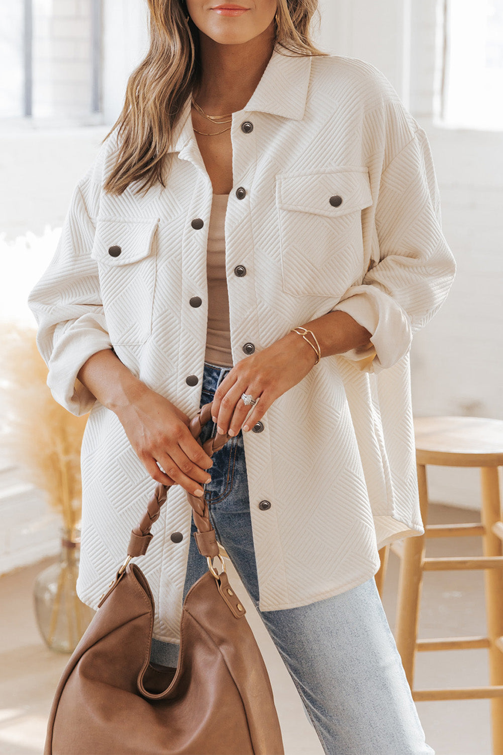 Solid Textured Flap Pocket Buttoned Shacket Beige 95%Polyester+5%Elastane Jackets JT's Designer Fashion