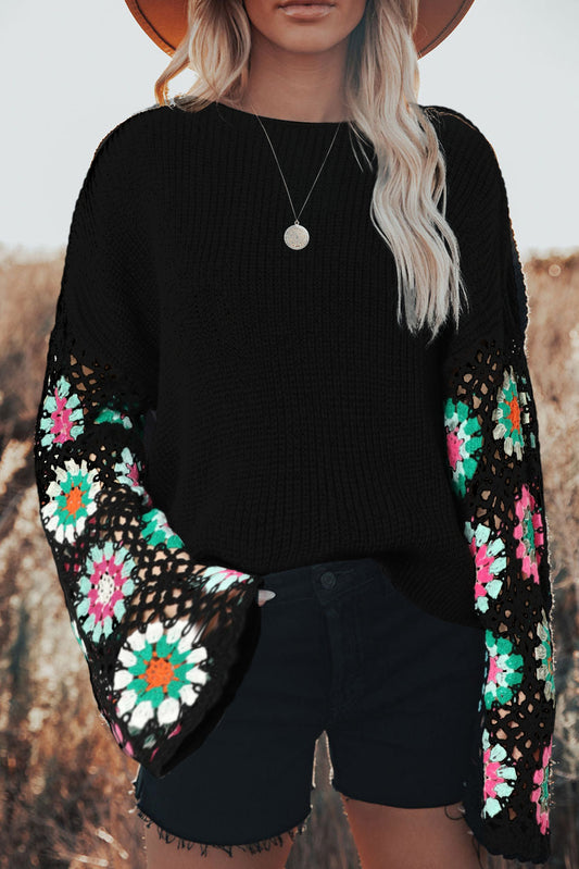 Black Floral Crochet Bell Sleeve Loose Sweater Black 100%Acrylic Sweaters JT's Designer Fashion