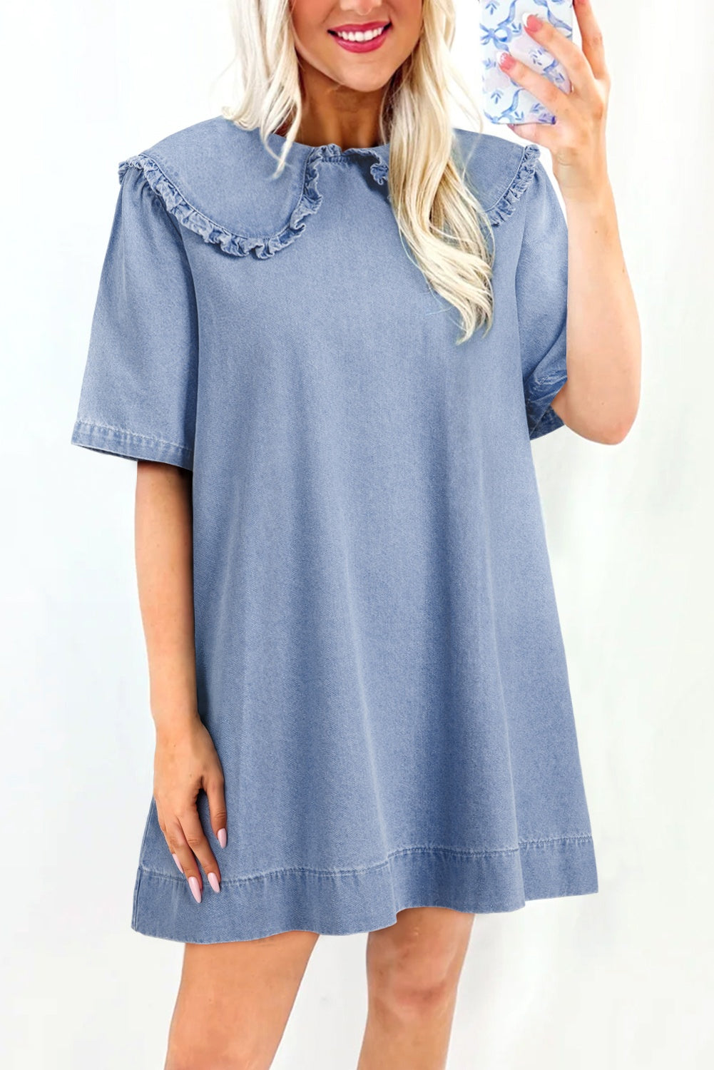 Beau Blue Frilled Peter Pan Collar Loose Denim Short Dress Dresses JT's Designer Fashion