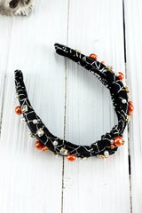 Black Pearled Rhinestone Knotted Spiderweb Halloween Headband Headwear JT's Designer Fashion