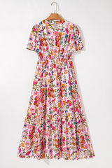 Red Floral Short Sleeve V Neck High Waist Maxi Dress Floral Dresses JT's Designer Fashion