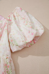 Pink Floral Puff Sleeve Square Neck Knotted Open Back Ruffled Mini Dress Floral Dresses JT's Designer Fashion