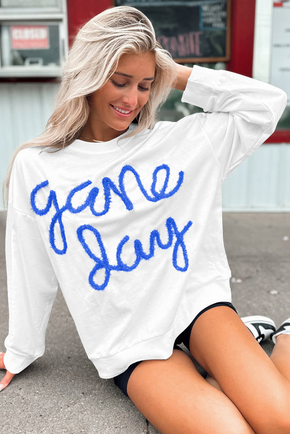 White Tinsel Game Day Drop Shoulder Graphic Sweatshirt Sweatshirts & Hoodies JT's Designer Fashion