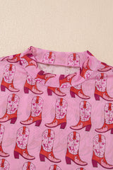Pink Cowgirl Boots Printed Mock Neck Long Sleeve Mesh Top Long Sleeve Tops JT's Designer Fashion