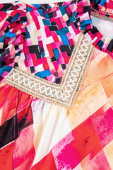 Rose Red Abstract Geometric Pattern Patchwork Puff Sleeve Blouse Blouses & Shirts JT's Designer Fashion