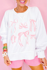 White Bowknot Pattern Corded Long Sleeve Drop Shoulder Top Long Sleeve Tops JT's Designer Fashion