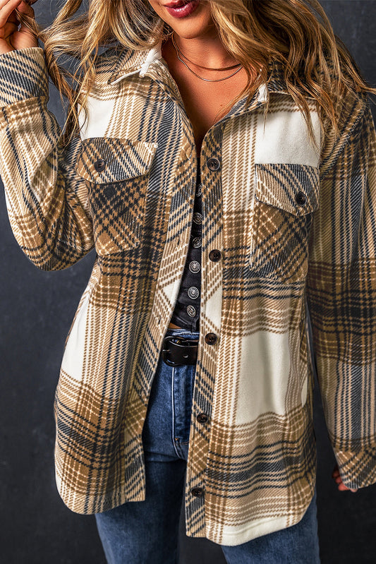 Multicolour Plaid Print Flap Pocket Button Up Shacket Multicolour 100%Polyester Plaid Shackets JT's Designer Fashion