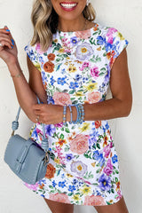 Sky Blue Vibrant Floral Print Cap Sleeve Mini Dress Sky Blue 94%Polyester+6%Elastane Floral Dresses JT's Designer Fashion