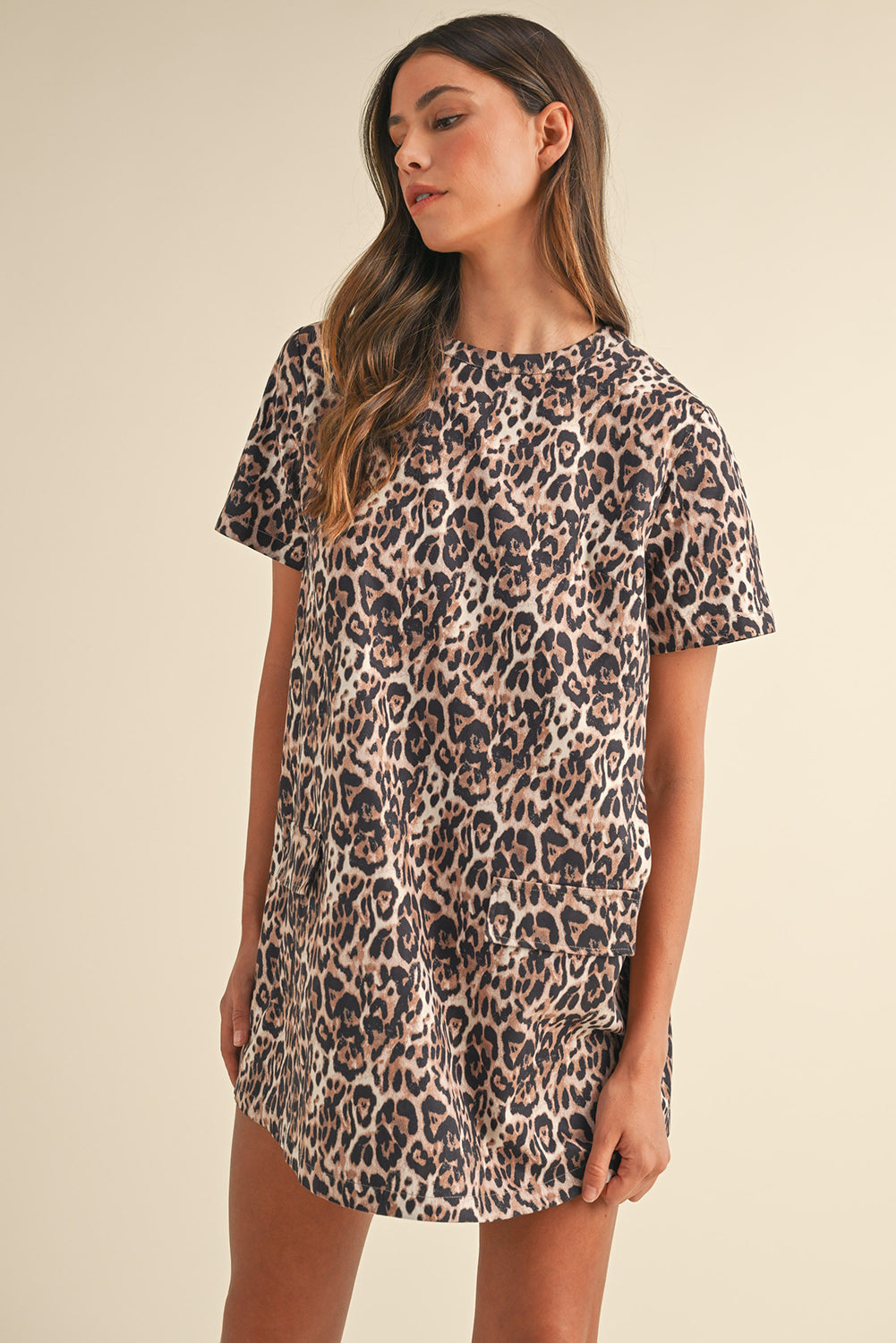 Brown Leopard Print Crew Neck Shift Short T Shirt Dress T Shirt Dresses JT's Designer Fashion