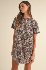 Brown Leopard Print Crew Neck Shift Short T Shirt Dress T Shirt Dresses JT's Designer Fashion