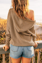 Khaki Zipper V-neck Dropped Sleeve Hooded Solid Sweater Sweaters & Cardigans JT's Designer Fashion