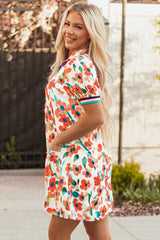 Orange Contrast Trim Floral Split Neck Puff Short Sleeve Tiered Mini Dress Floral Dresses JT's Designer Fashion