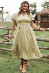 Laurel Green Notched V Neck Puff Sleeve Tiered Plus Size Maxi Dress Plus Size Maxi Dresses JT's Designer Fashion