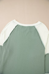 Mint Green Ribbed Colorblock Patchwork Raglan Long Sleeve Top Long Sleeve Tops JT's Designer Fashion