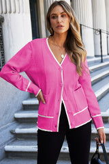 Bright Pink Color Contrast Side Pockets Button V Neck Cardigan Cardigans JT's Designer Fashion