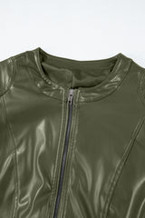 Sage Green Solid Faux Leather Zipper Slim Fit Bomber Jacket Jackets JT's Designer Fashion