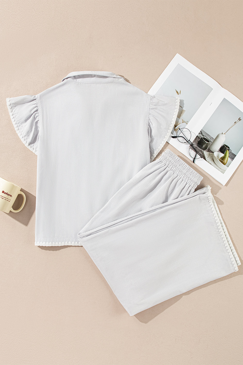 Gray Stripe Zipped up Collar Ruffled Sleeve Tee and Wide Leg Pants 2pcs Outfit Pant Sets JT's Designer Fashion