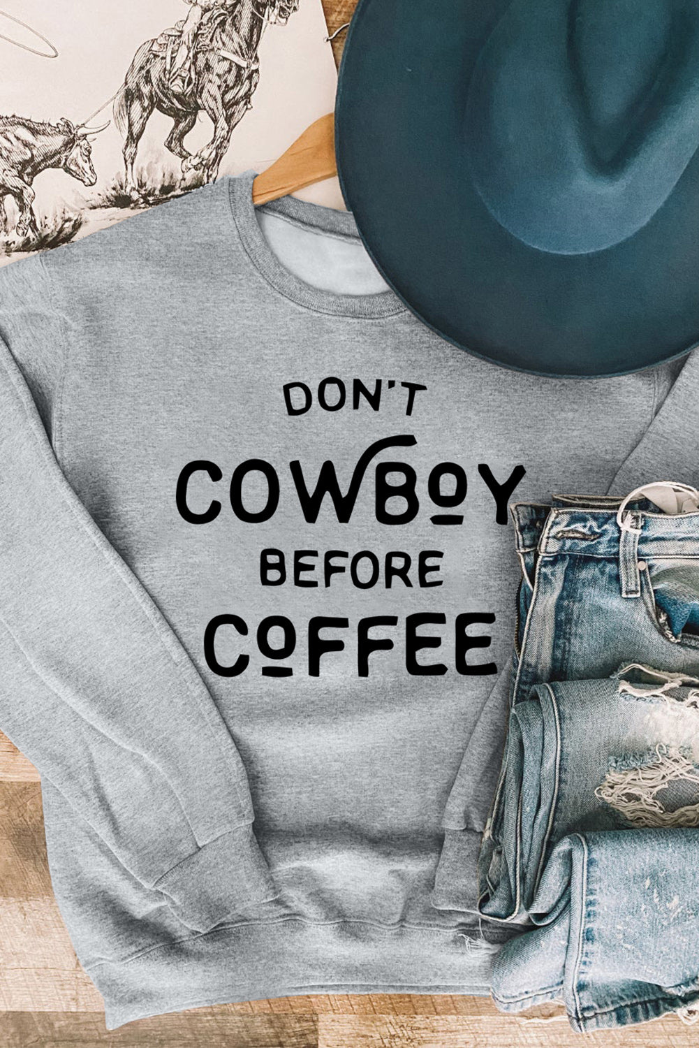 Gray Letter Print Drop Shoulder Crew Neck Pullover Sweatshirt Graphic Sweatshirts JT's Designer Fashion