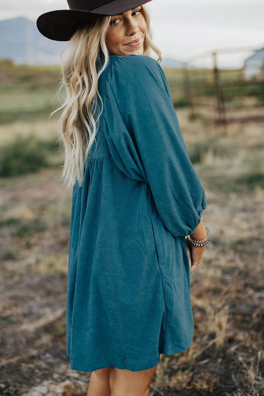 Blue Corduroy Snap Buttons Empire Waist Bracelet Sleeve Dress Mini Dresses JT's Designer Fashion
