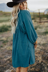 Blue Corduroy Snap Buttons Empire Waist Bracelet Sleeve Dress Mini Dresses JT's Designer Fashion