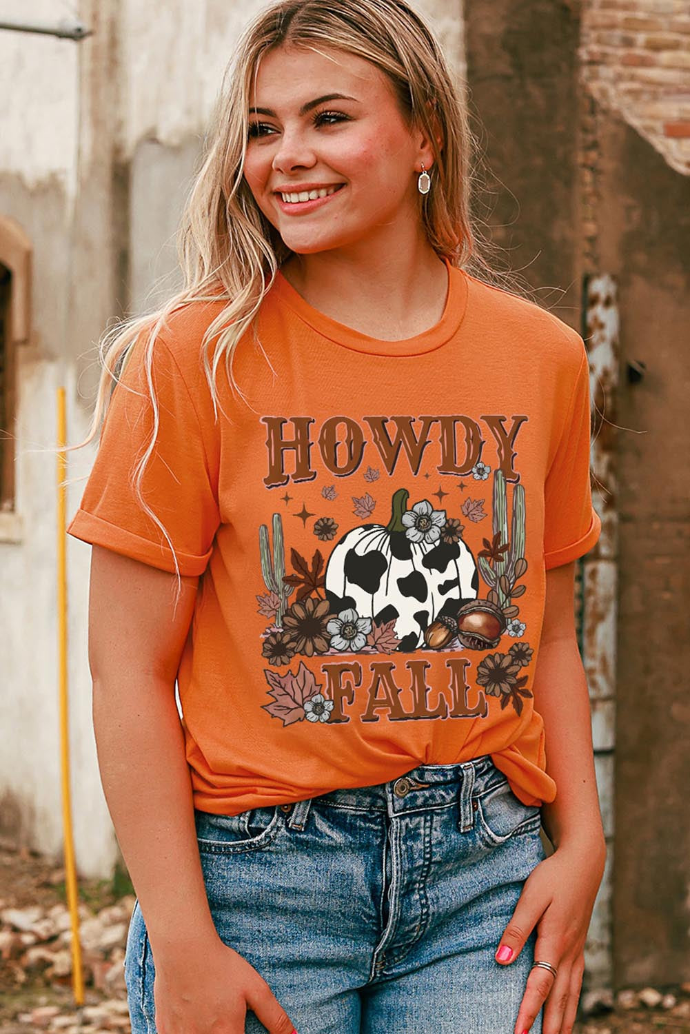 Orange HOWDY FALL Western Pumpkin Graphic T Shirt Graphic Tees JT's Designer Fashion