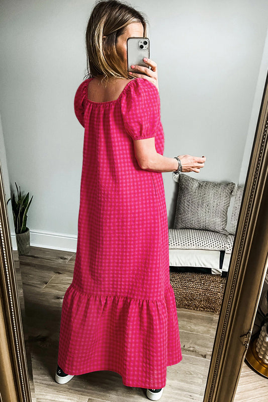 Rose Ginham Check Bubble Sleeve Ruffled Long Dress Maxi Dresses JT's Designer Fashion