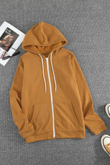 Brown Zip-Up Pocket Drawstring Hoodie Jacket Jackets JT's Designer Fashion