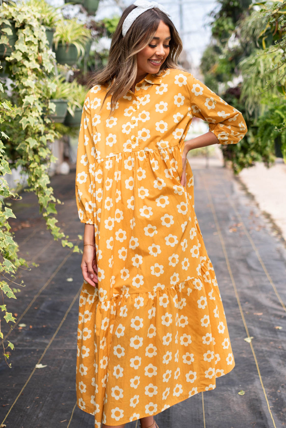 Yellow Flower Print Bracelet Sleeve Buttons Collared Long Dress Maxi Dresses JT's Designer Fashion