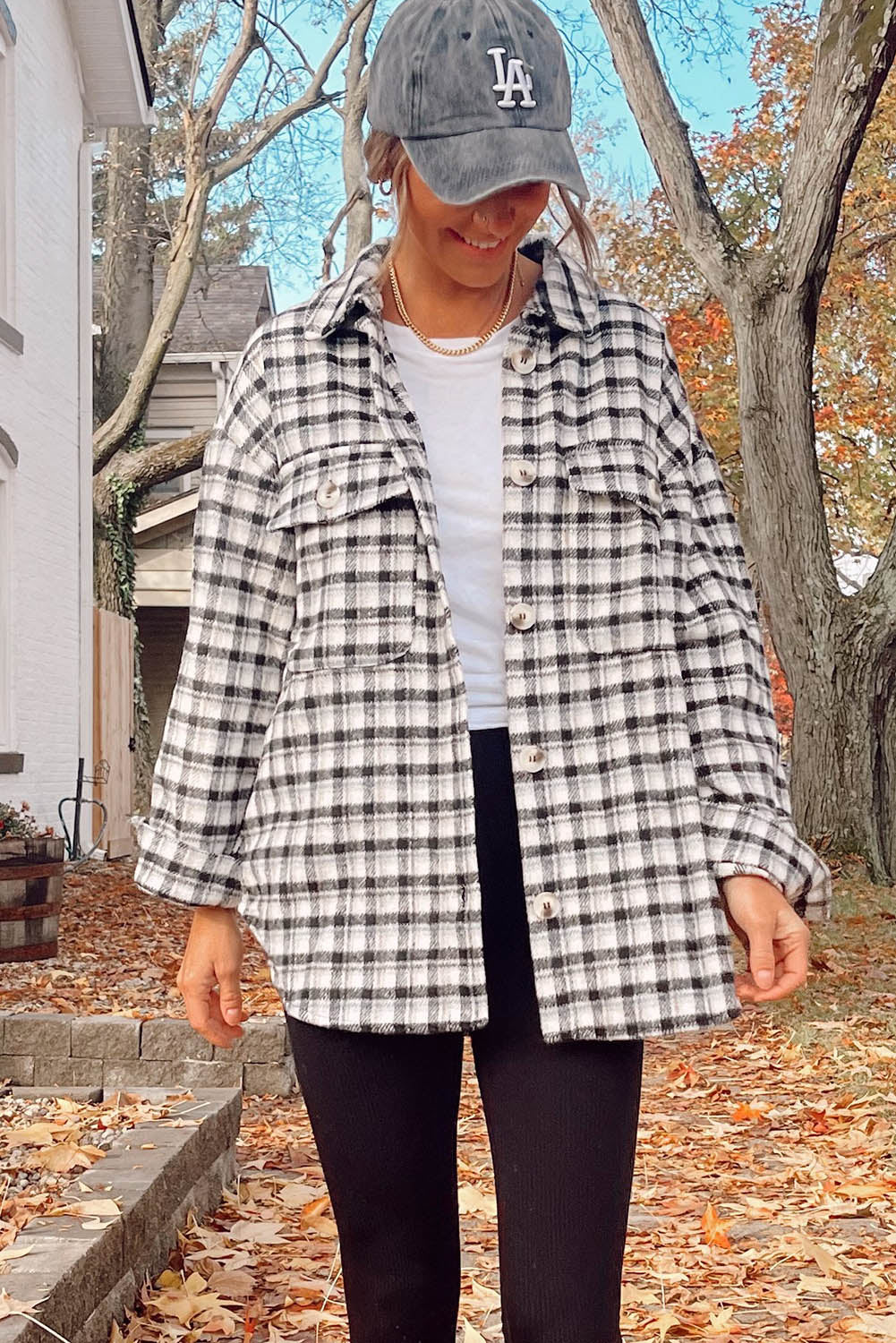 Black Plaid Print Chest Pockets Buttoned Tunic Shacket Plaid Shackets JT's Designer Fashion