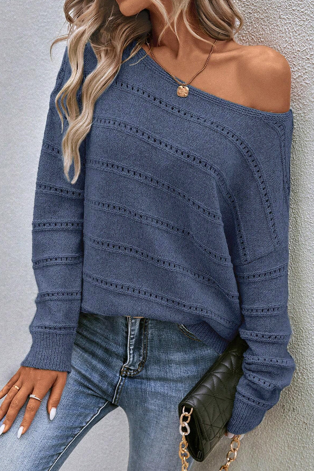 Real Teal Boat Neck Drop Shoulder Pointelle Knit Sweater Sweaters JT's Designer Fashion
