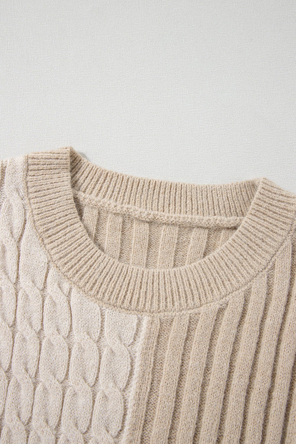 Khaki Cable Knit Colorblock Crew Neck Drop Shoulder Sweater Sweaters JT's Designer Fashion
