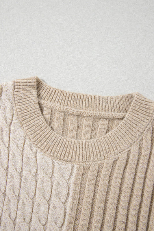 Khaki Cable Knit Colorblock Crew Neck Drop Shoulder Sweater Sweaters JT's Designer Fashion