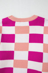 Pink Checkered Ribbed Edge O Neck Drop Shoulder Sweater Sweaters JT's Designer Fashion