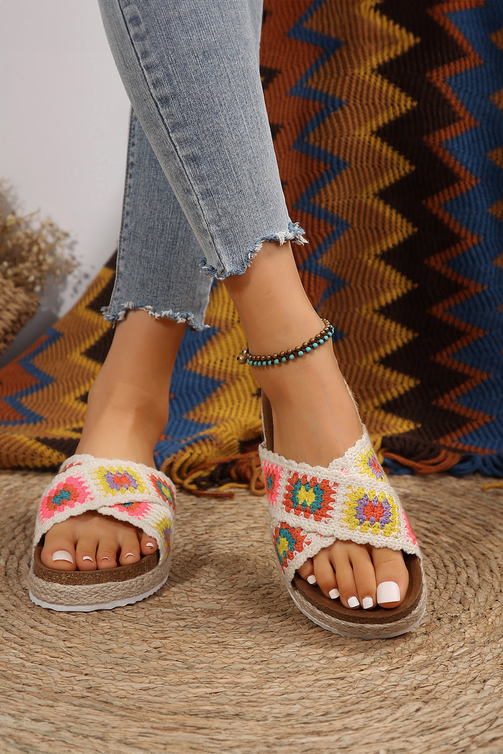 White Geometric Woven Crisscross Strap Platform Slippers Slippers JT's Designer Fashion