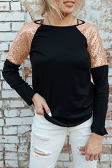 Black Sequin Shoulder Long Sleeve Top Long Sleeve Tops JT's Designer Fashion