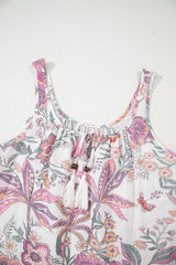 Multicolour Floral Print Fringed Tie U Neck Sleeveless Mini Dress Floral Dresses JT's Designer Fashion